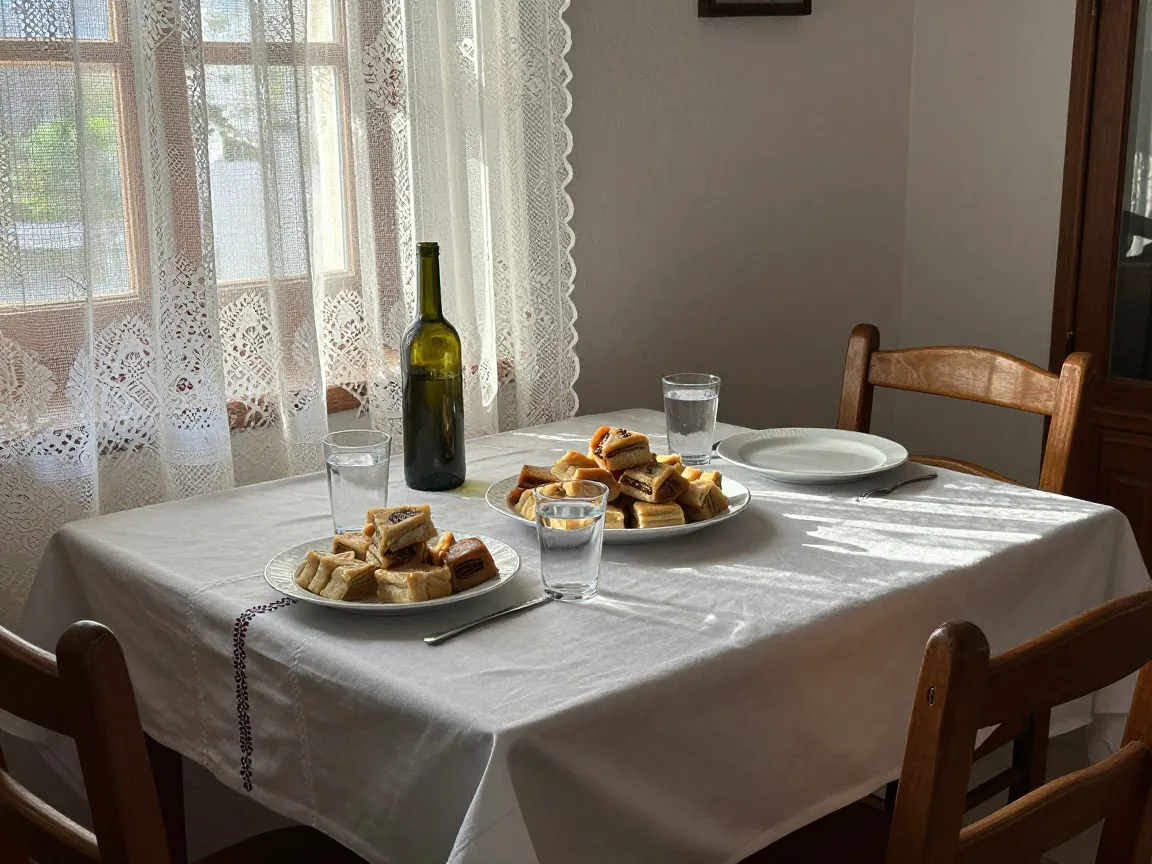 Εσωτερικό ελληνικού σπιτιού με τραπέζι στρωμένο για καλεσμένους, γλυκά και κρασί πάνω σε κεντημένο τραπεζομάντιλο.