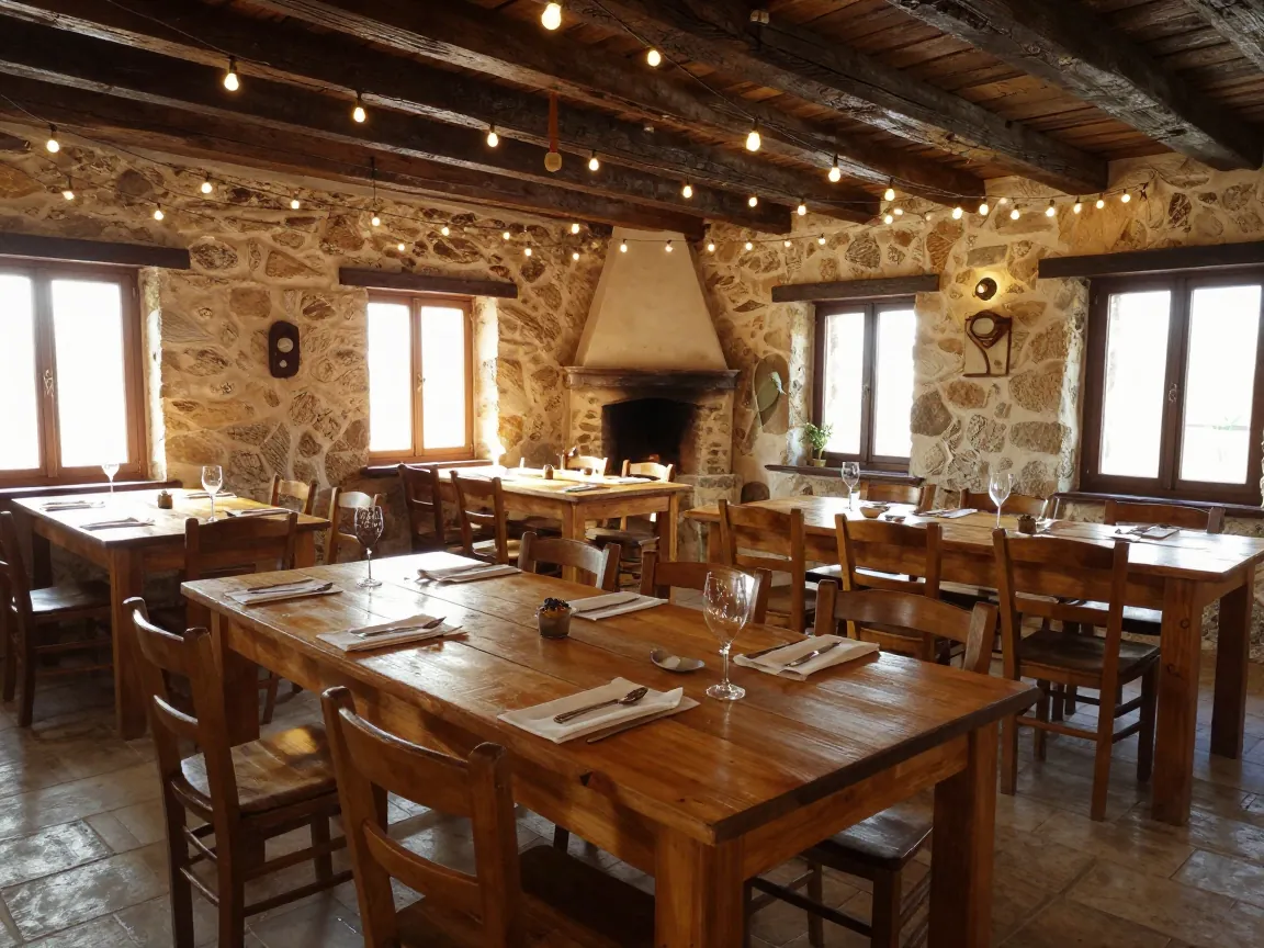 Ρουστίκ εσωτερικό ταβέρνας με μακριά τραπέζια στρωμένα για γιορτή, πέτρινοι τοίχοι και ζεστός φωτισμός.