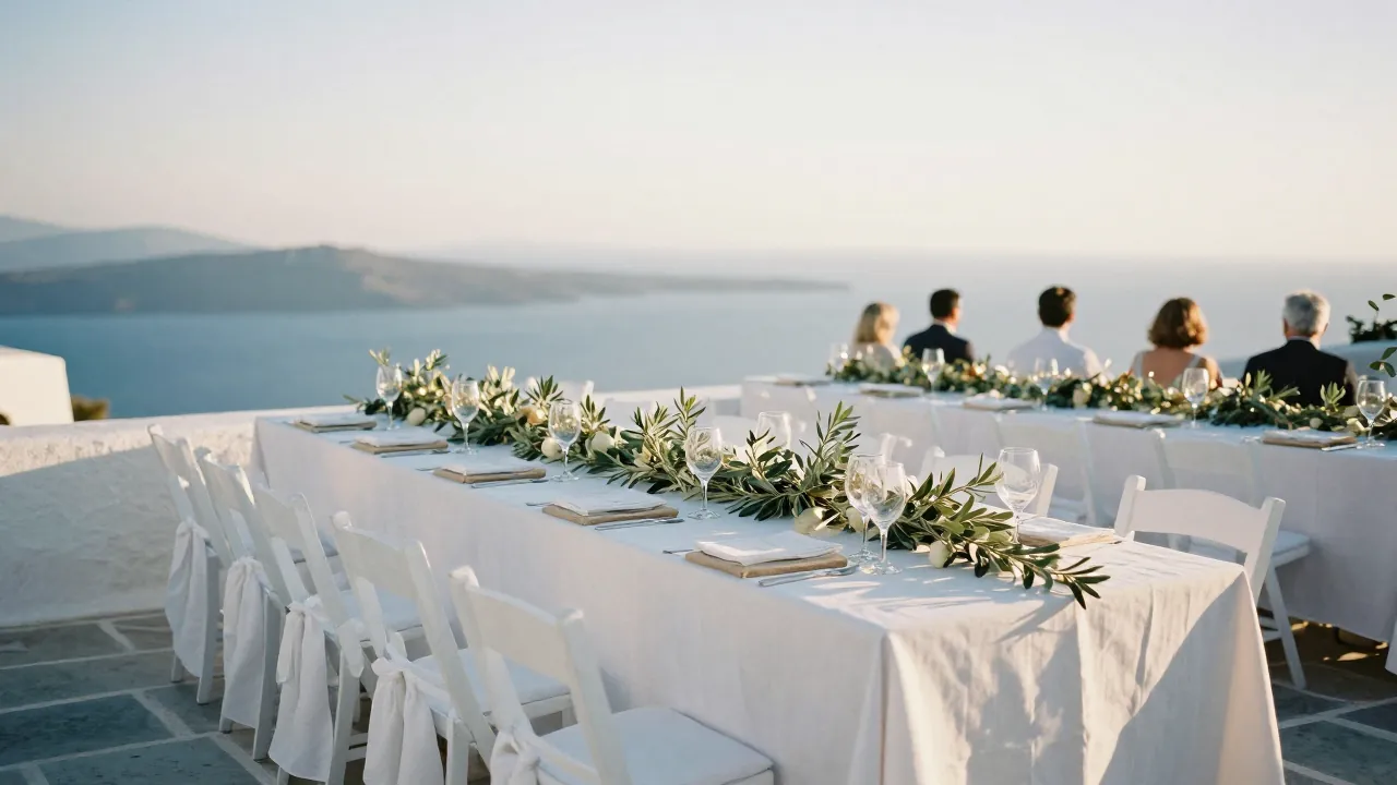 Golden hour on a whitewashed terrace with a long table set for a Greek wedding reception.