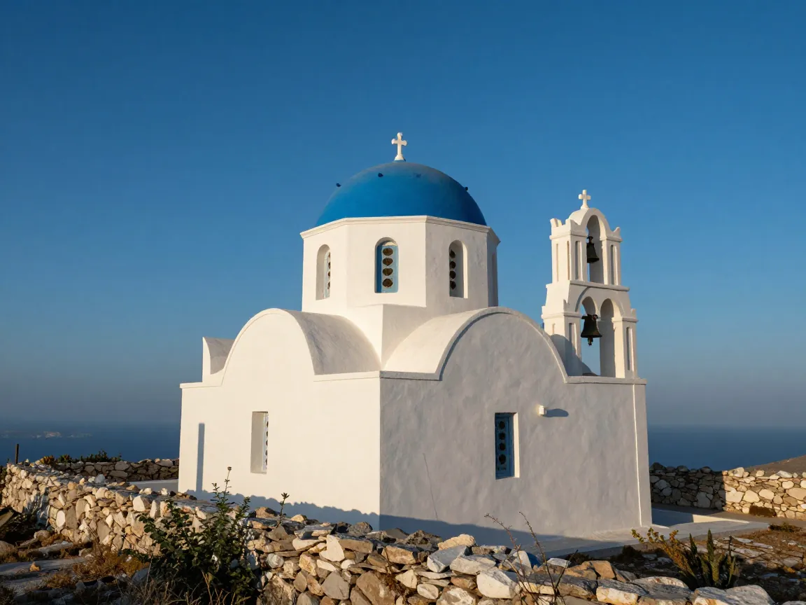 Whitewashed Greek Orthodox chapel with blue dome on a hillside under clear afternoon sky.