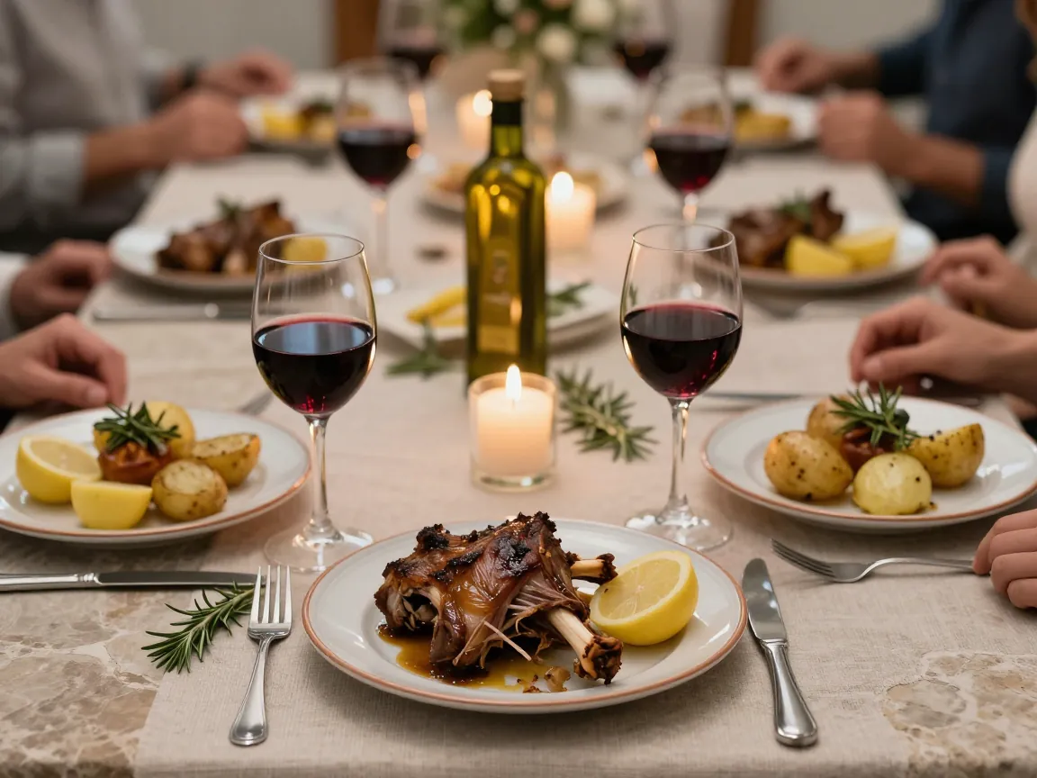 Close-up of a Greek wedding dinner table with lamb, wine and candles in warm evening light.