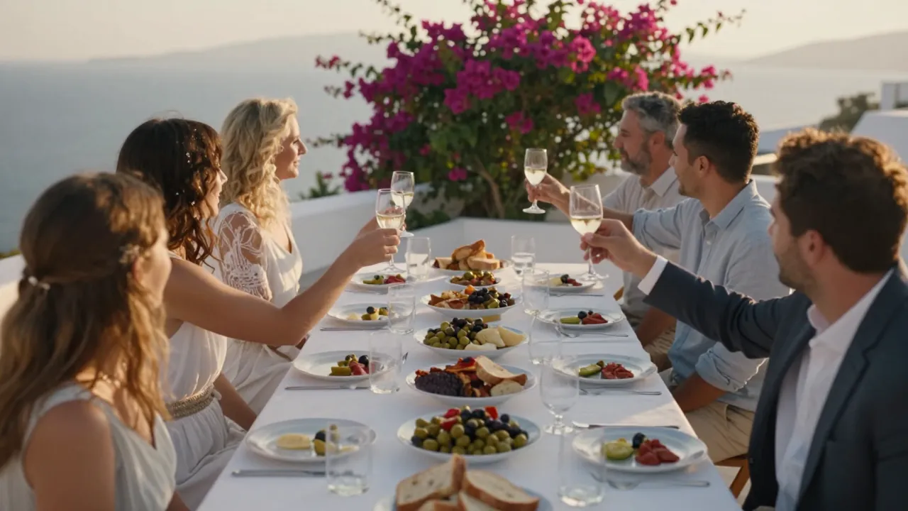 Long wedding table on a Cycladic terrace at sunset with meze plates and guests toasting.
