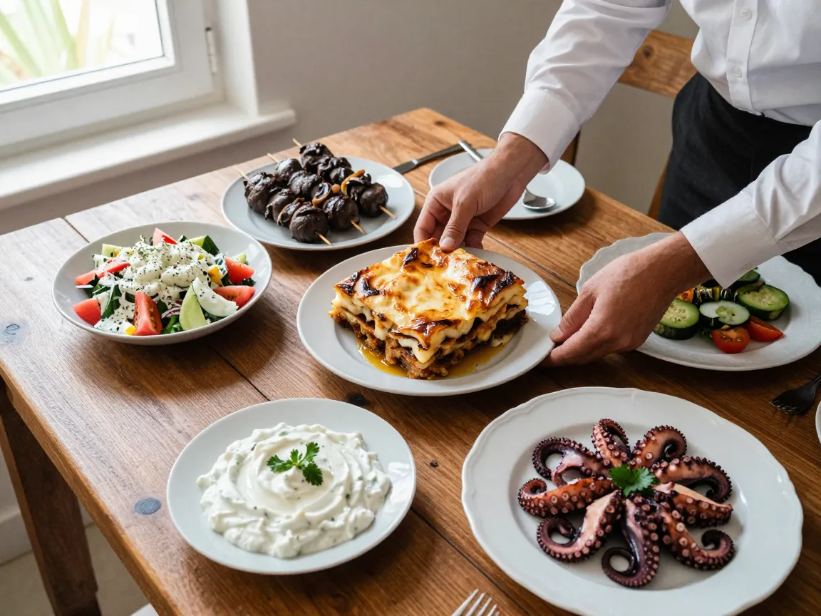 Overhead view of Greek wedding dishes like moussaka, souvlaki, and horiatiki salad on a wooden table.