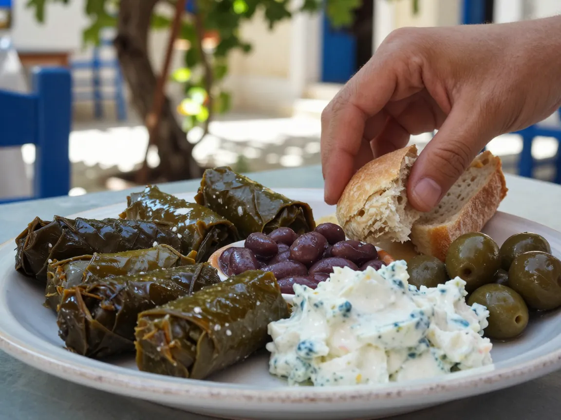 Lenten Greek meze plate with dolmades, gigantes beans, and taramosalata in a taverna courtyard.