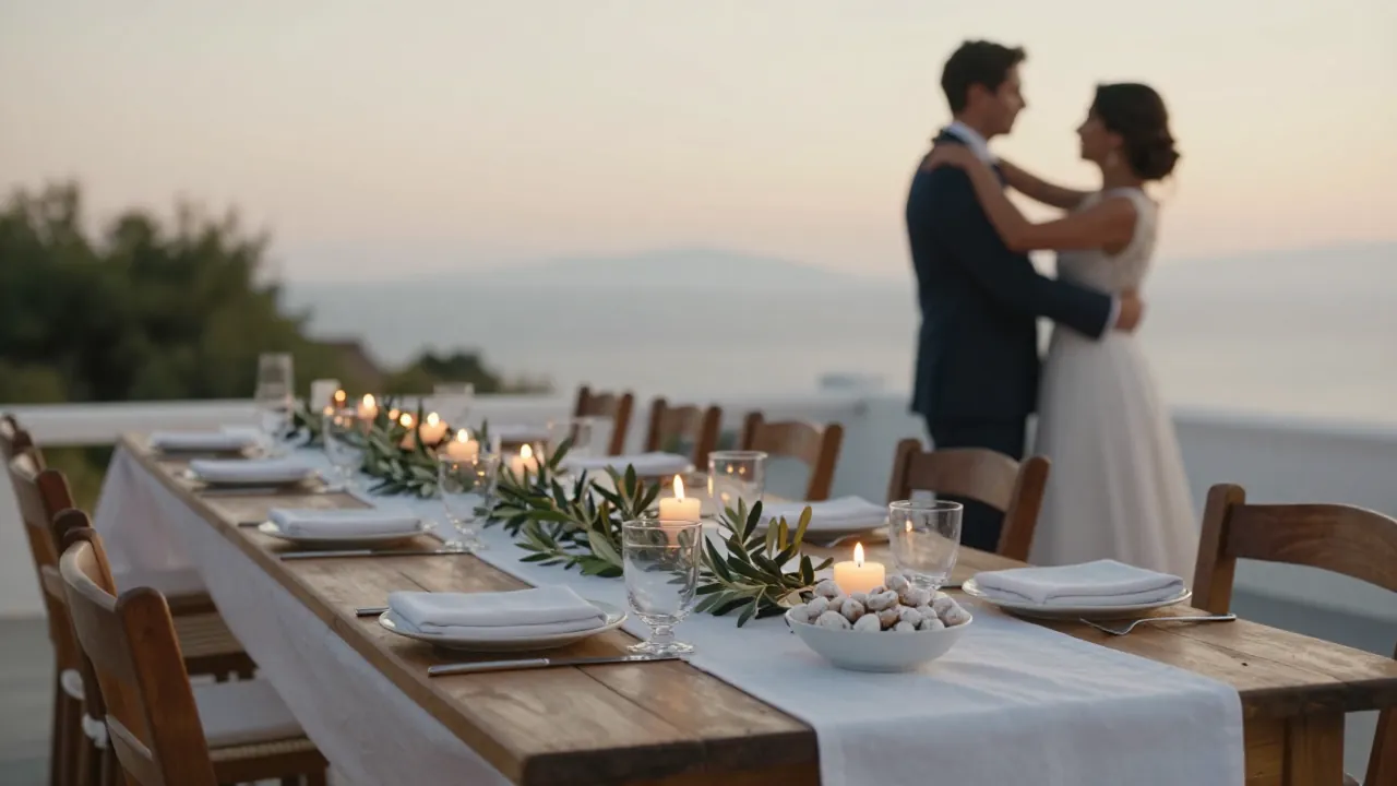 A Cycladic wedding reception table with sugared almonds and a dancing couple in soft evening light.