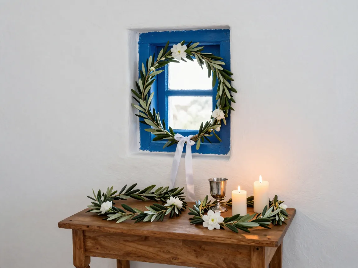 Stefana crowns with olive branches and white ribbon next to a silver cup in a whitewashed chapel.