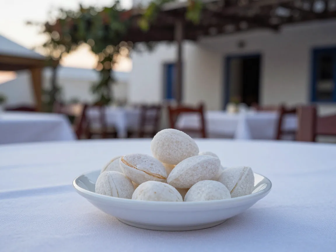 White sugared almonds in a small dish on linen, with a blurred taverna table behind.
