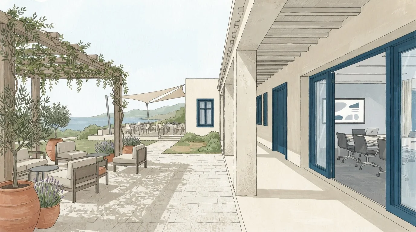 Illustrated venue setting: A Halkidiki offsite starts with a precise location