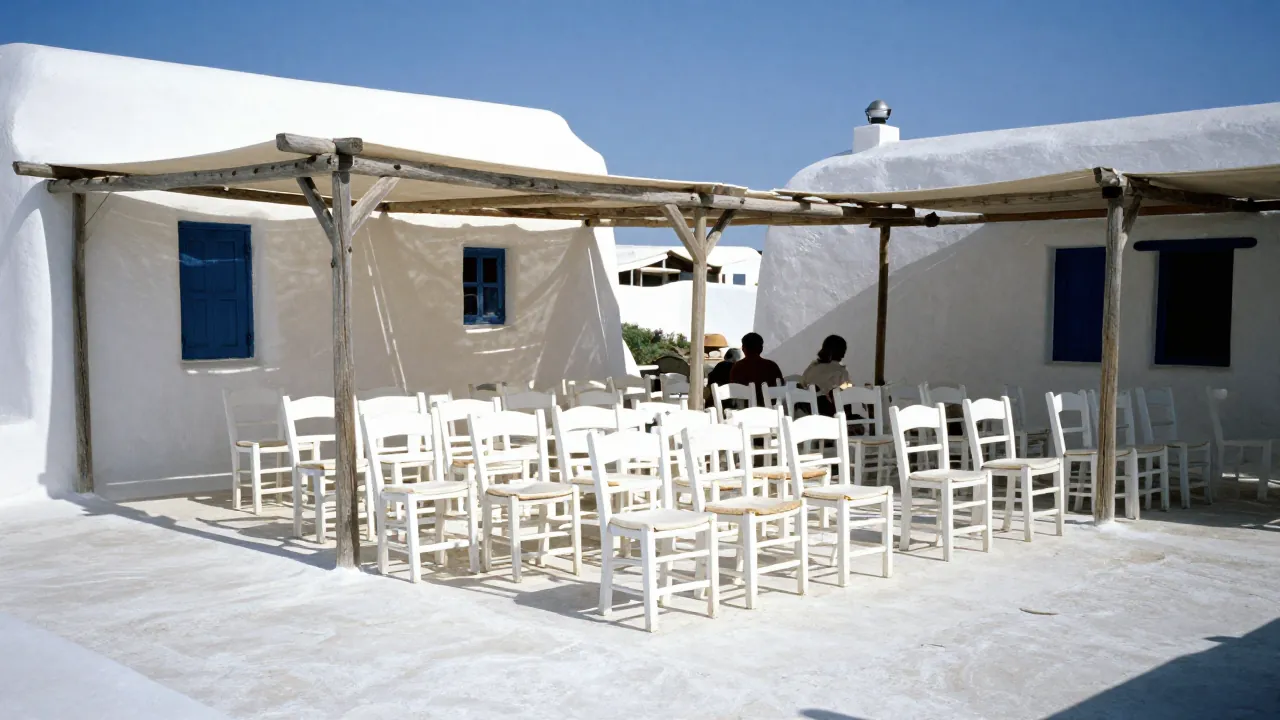 Whitewashed event terrace in Greece with shaded seating and strong midday sun, seen from behind.