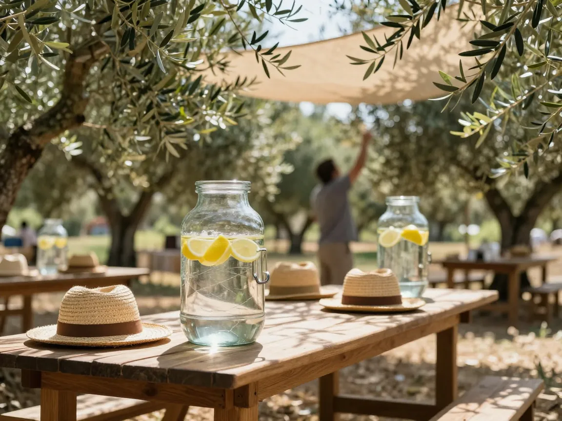 Σκιασμένο τραπέζι σε ελληνικό ελαιώνα με δοχεία νερού και ψάθινα καπέλα, διάσπαρτο ηλιακό φως.