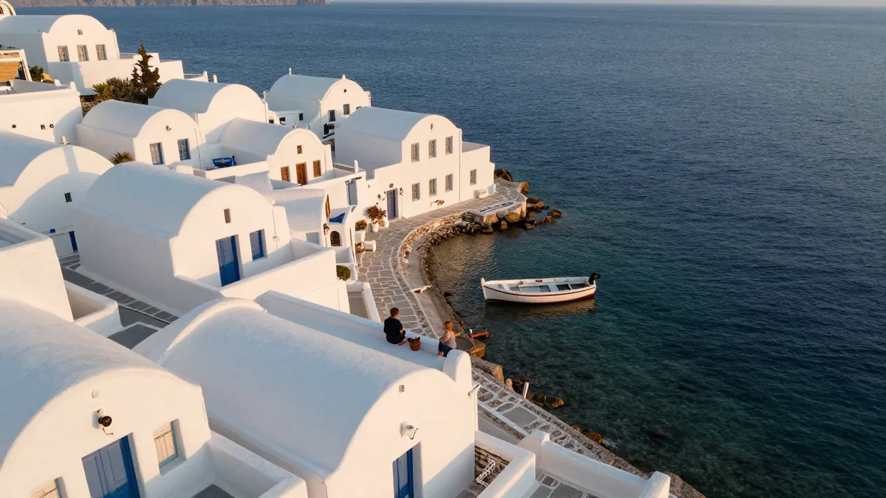 Aerial view of a quiet Cycladic cove with white houses and a terrace overlooking the sea at sunset.