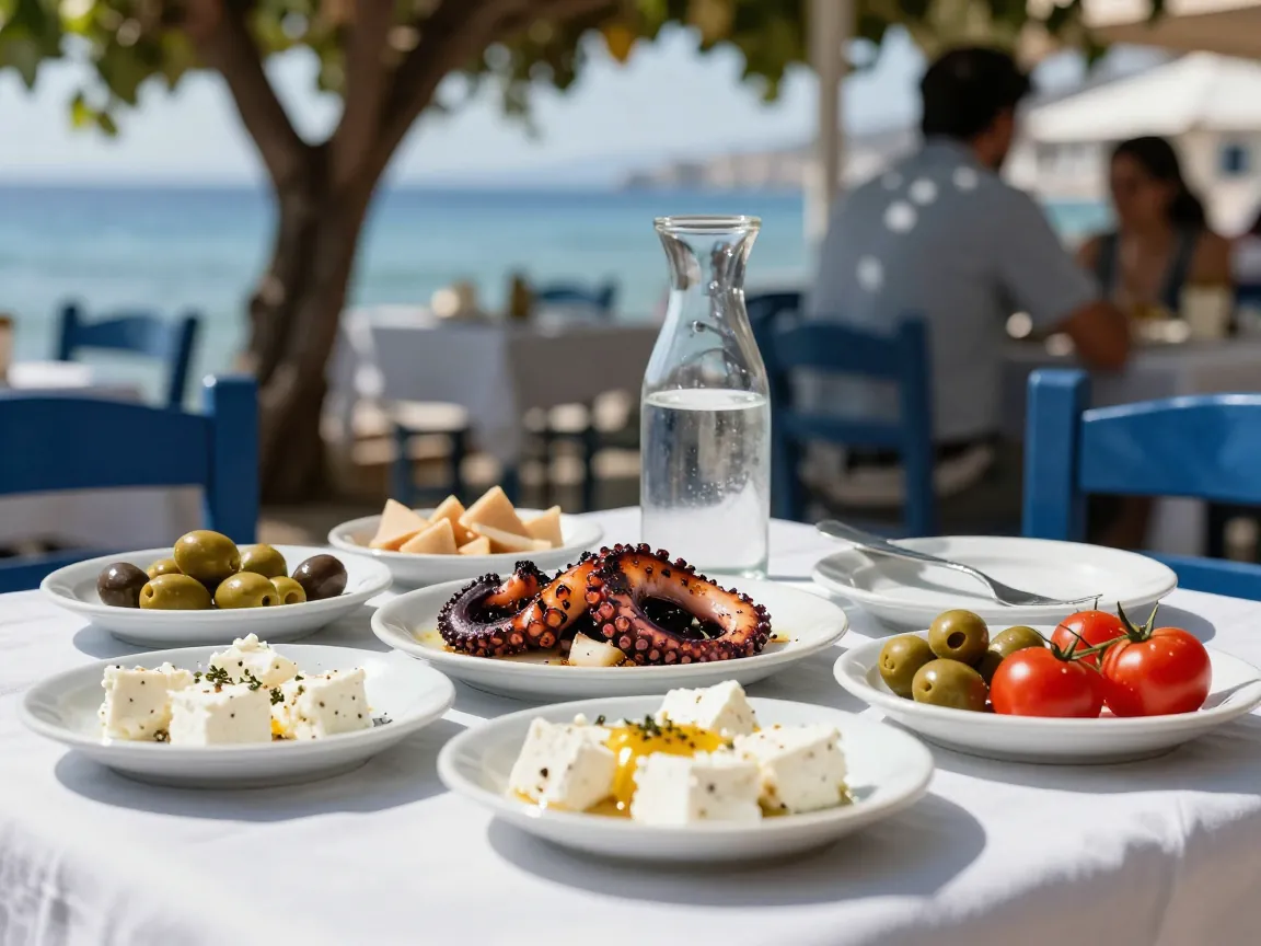 Sunlit taverna table with mezze dishes, grilled octopus and wine, dappled shade from a vine.
