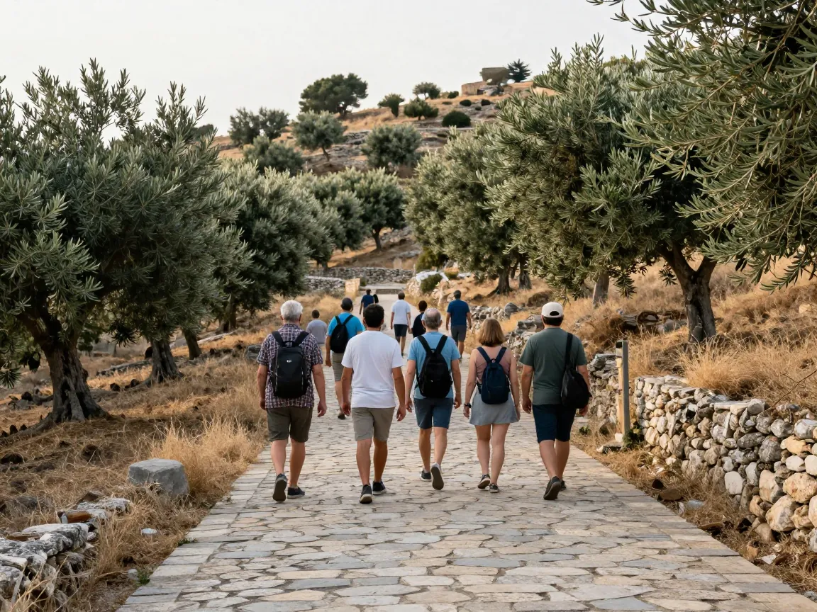 Group of adults seen from behind walking on a stone path through an olive grove in the Greek hills.