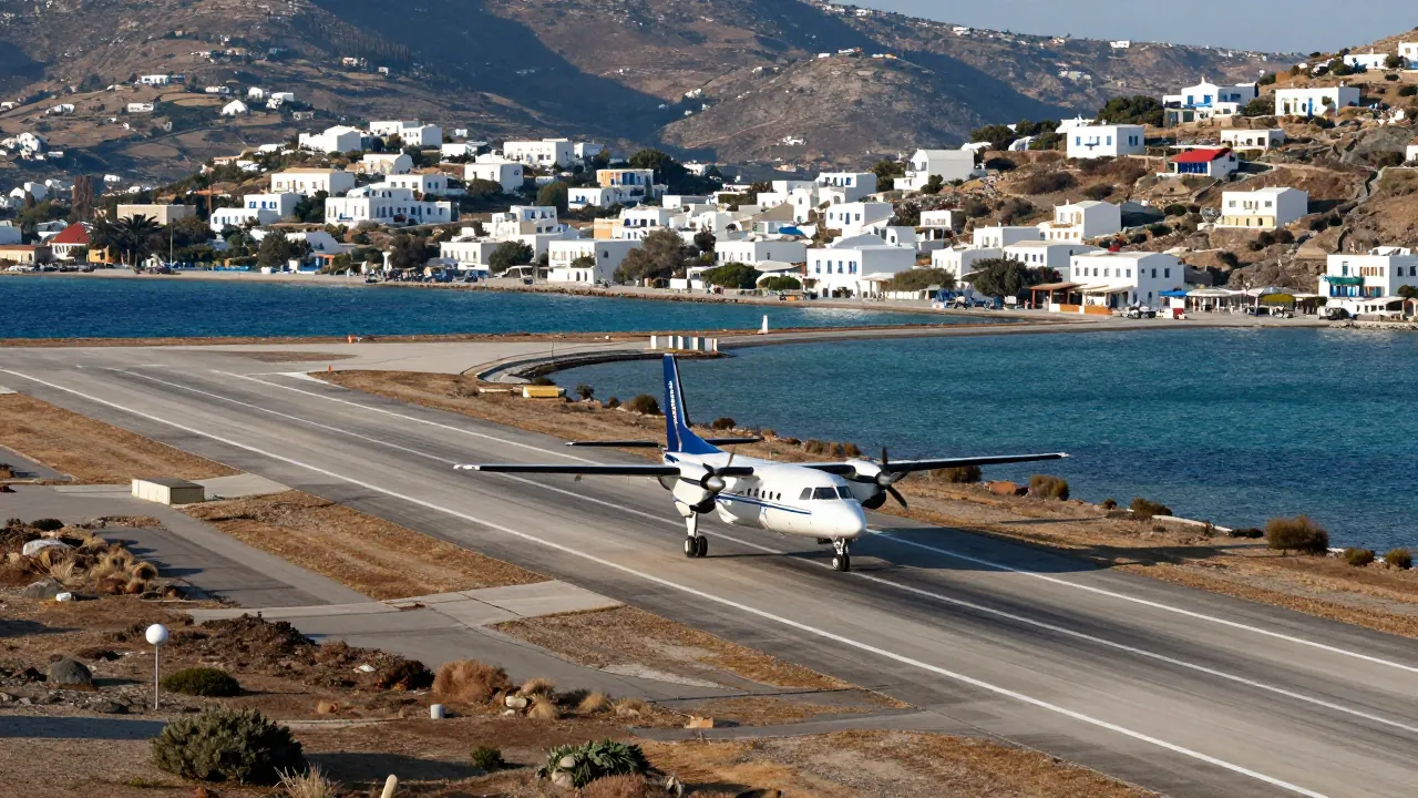 Aerial view of a Greek island airport runway beside a turquoise bay with a plane on approach.