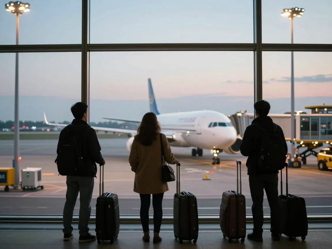 Travelers with suitcases watch a plane at dusk from inside an airport terminal window.