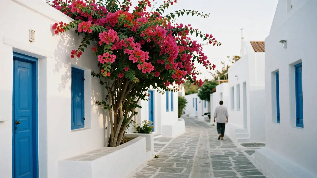 Sunlit Cycladic street with whitewashed houses and bougainvillea, a distant person walking away.