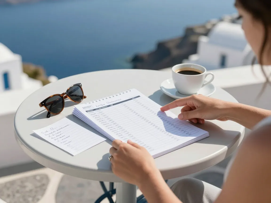 Overhead view of a stone terrace table with ferry timetable, coffee cup and sunglasses, hands pointing.