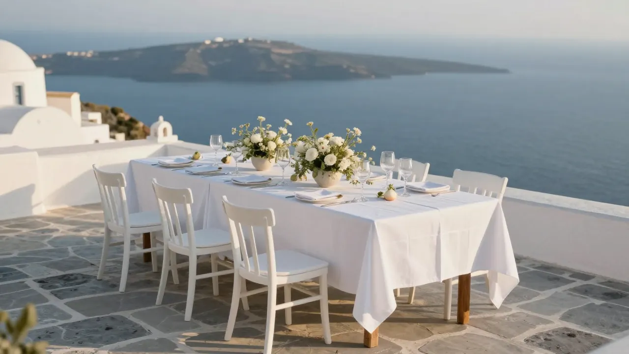 Stone terrace with wedding table overlooking the Aegean Sea, set for a dinner with wildflowers and white linens.