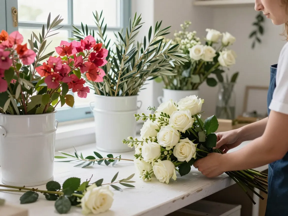 Florist's hands arranging a bouquet of bougainvillea, olive branches, and white roses in a whitewashed workshop with buckets of flowers.