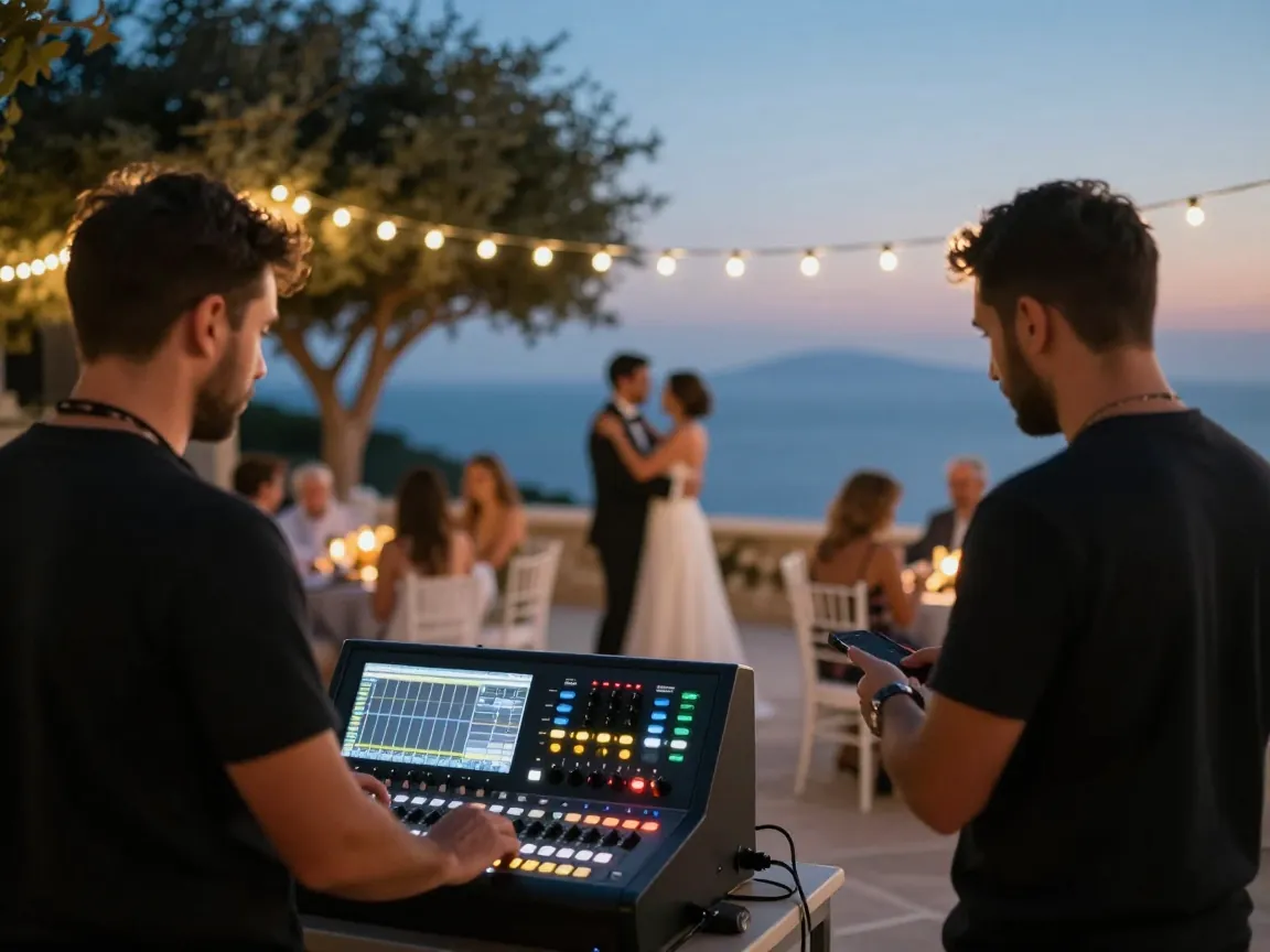 Dusk wedding reception on a Greek island, sound engineer at mixing console in foreground, couple dancing under string lights from behind.