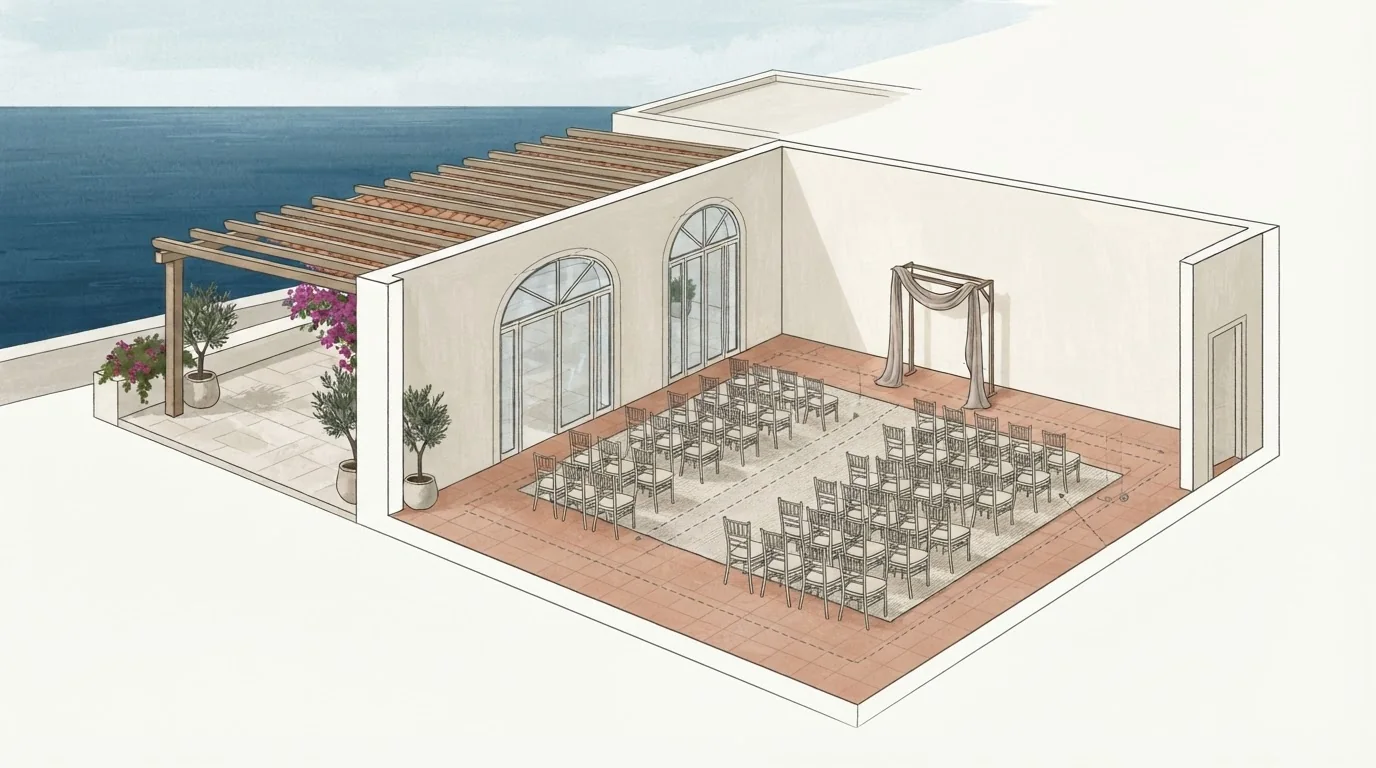 Illustrated venue setting: Your island wedding backup needs its own floor plan