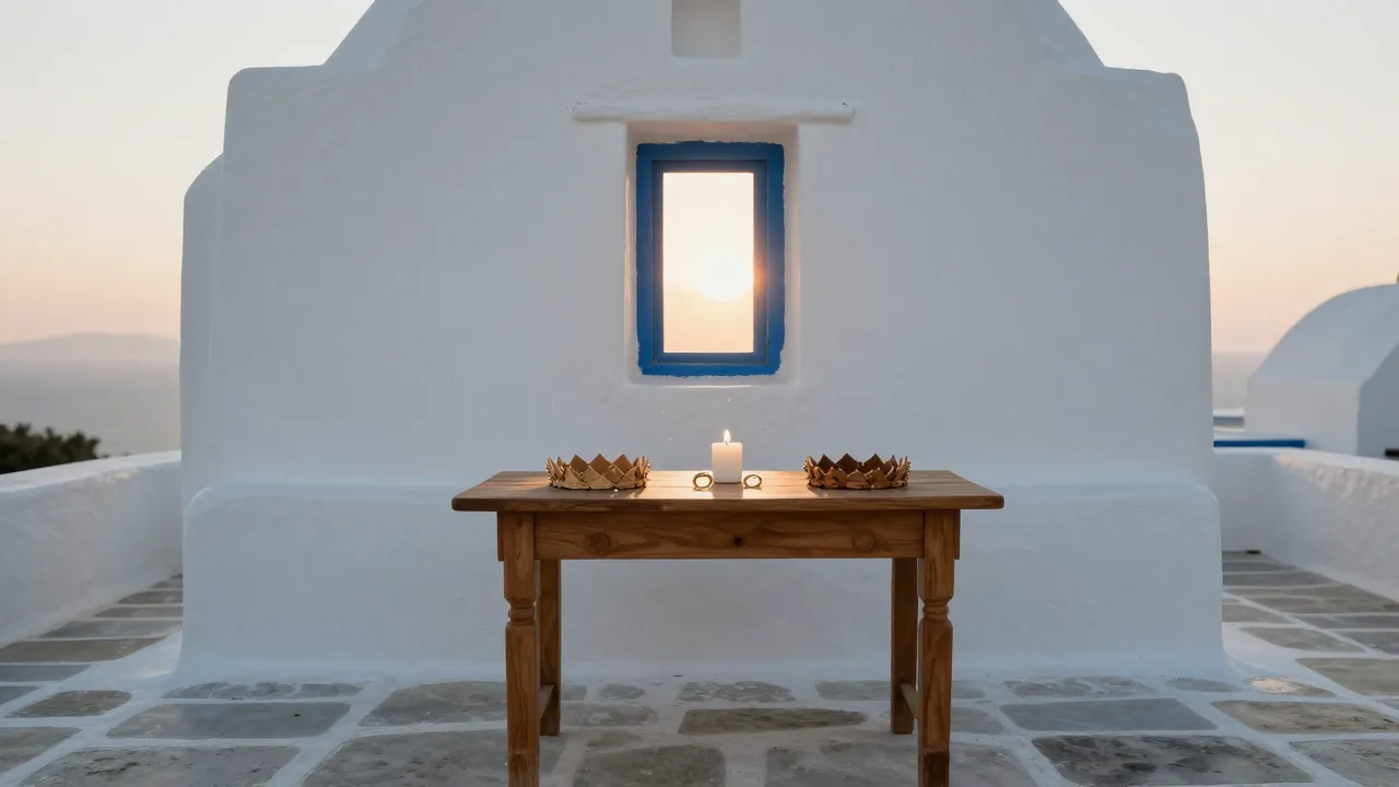 Whitewashed chapel interior with wedding crowns and rings on a wooden table, lit by window light.
