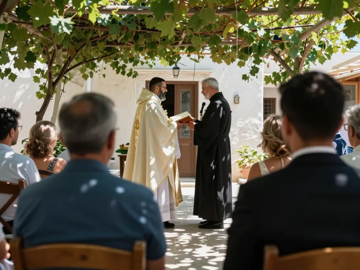 Υπαίθρια ελληνική ορθόδοξη τελετή γάμου από πίσω, παπάς και ζευγάρι σε πέτρινη αυλή με καλεσμένους.