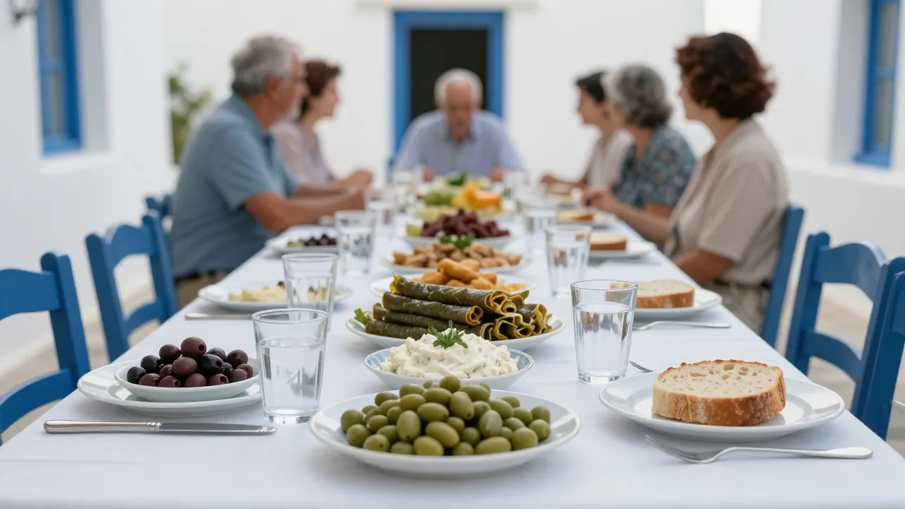A long table on a sunny Greek terrace set with Lenten dishes like olives, taramosalata, and bread.