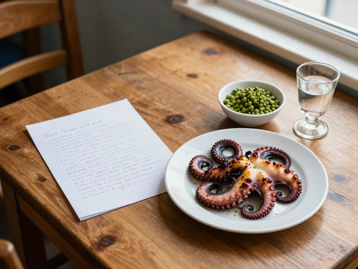 Overhead view of a Greek table with grilled octopus, fava, ouzo, and a handwritten note.