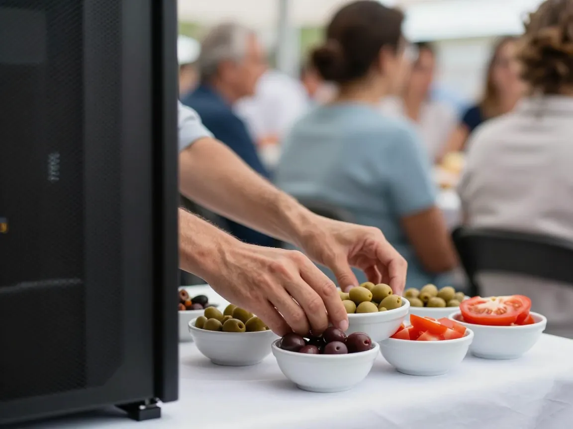 Hands placing bowls of olives and tomatoes on a table, with blurred guests in the background.