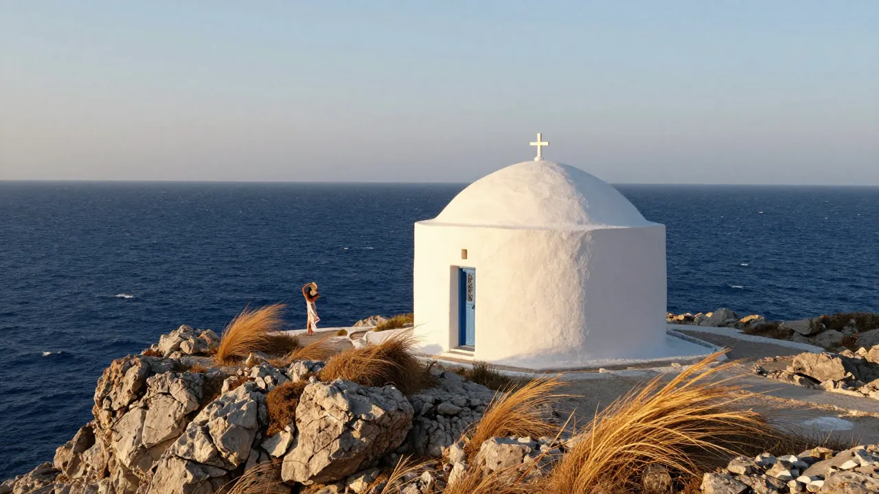 A woman in a flowing dress stands on a windy Cycladic promontory at golden hour, holding her hat against the meltemi.