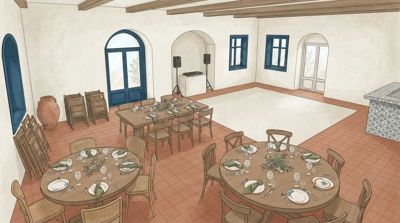 Illustrated venue setting: A milestone birthday: choose the room around conversation and music