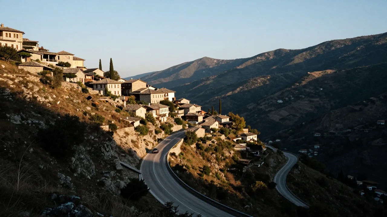 A winding mountain road in the Pindus range at golden hour, with stone villages on the slopes above.