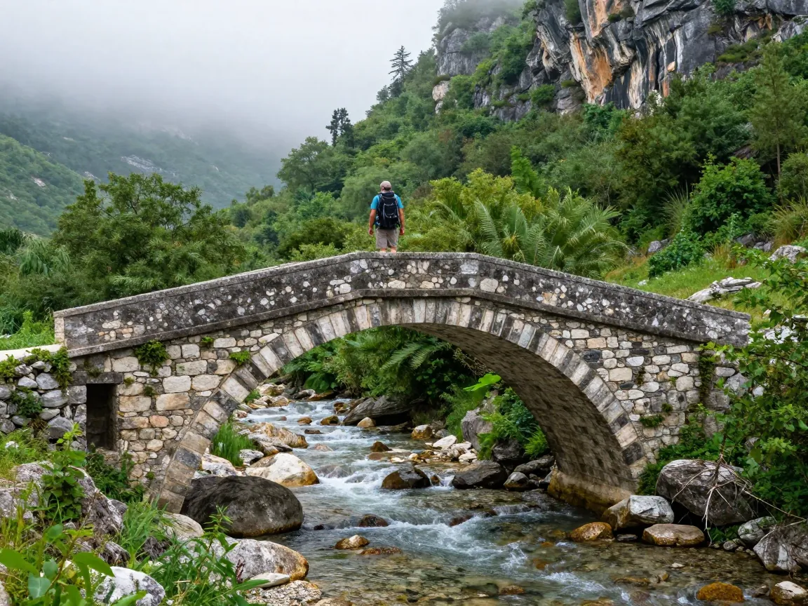 Πεζοπόρος από πίσω διασχίζει πέτρινο τοξωτό γεφύρι σε ρέμα στο Ζαγόρι, με πρωινή ομίχλη στο φαράγγι.