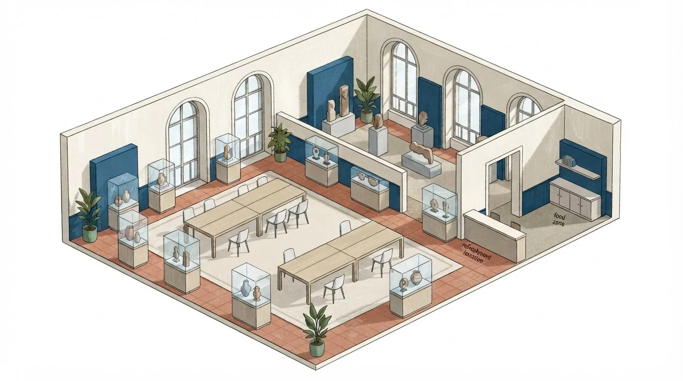 Illustrated venue setting: Museum event hire: ask which rooms are actually available
