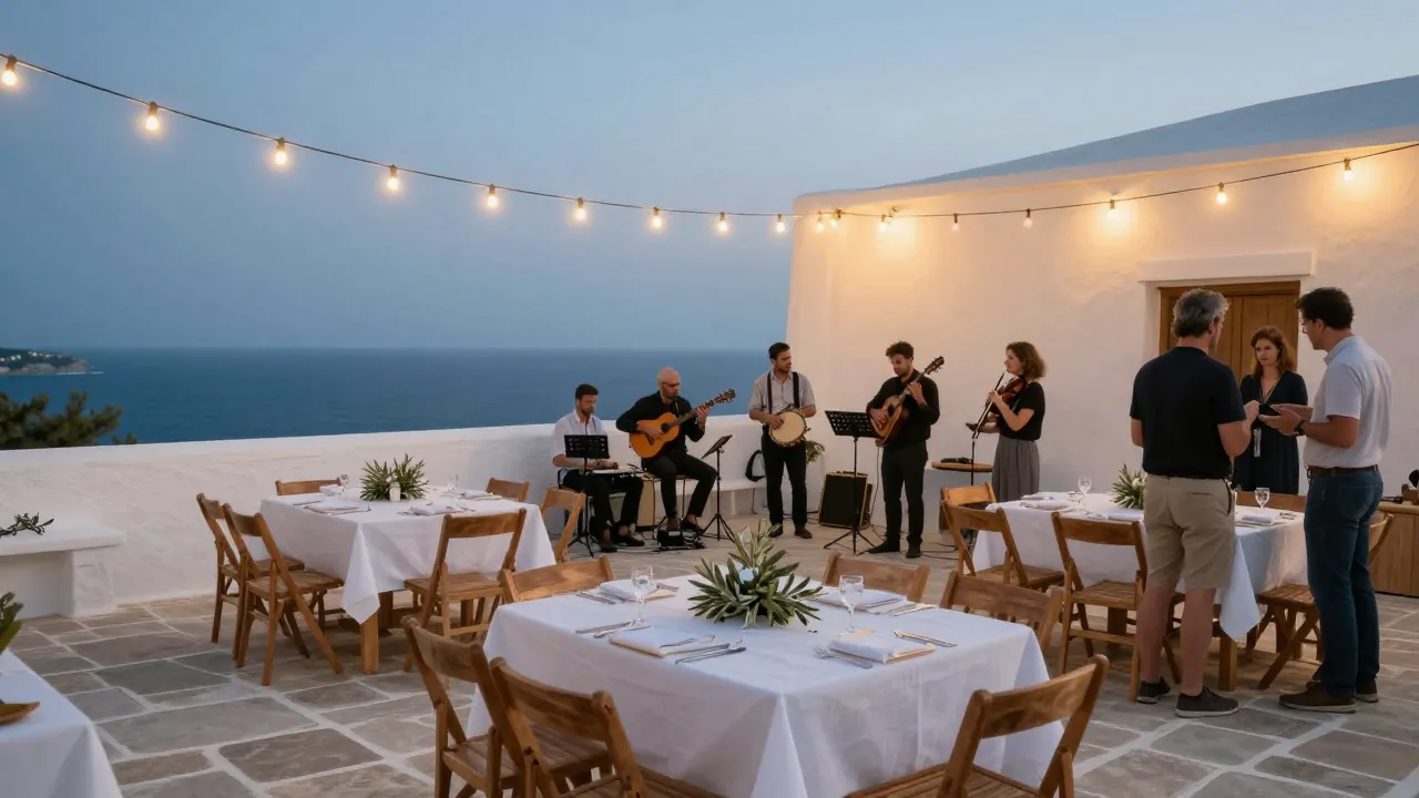 Open-air wedding reception on a Cycladic terrace at dusk, with a small band playing and guests mingling in the background.