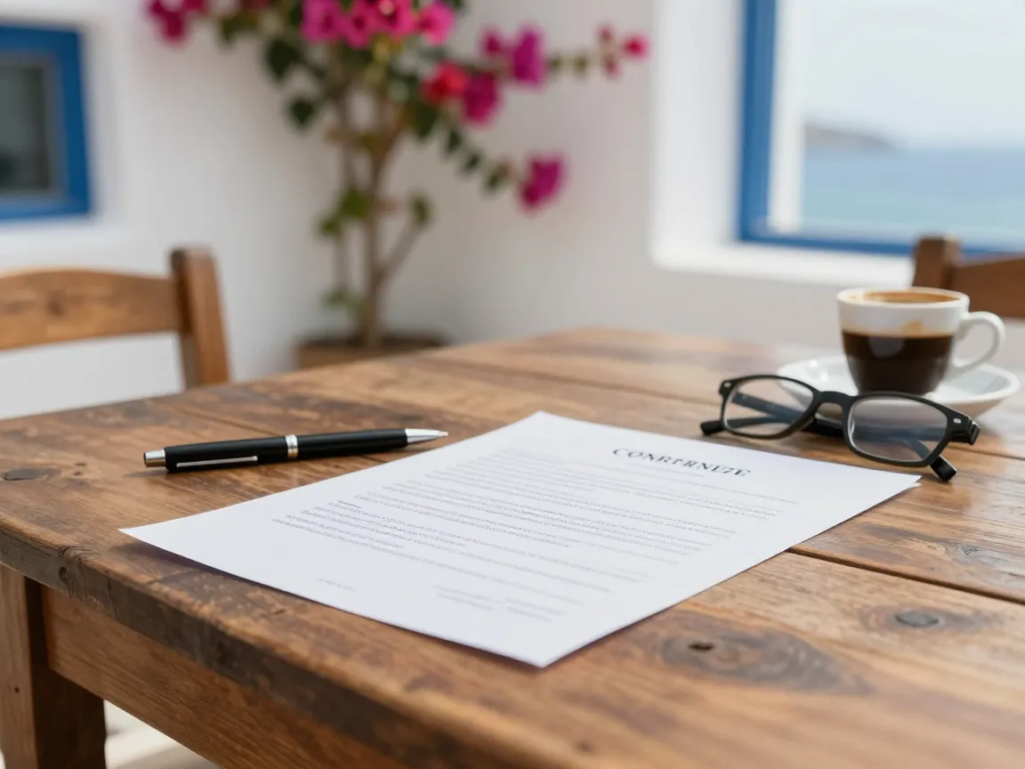 Close-up of a wedding venue contract on a wooden table with pen and coffee, whitewashed wall and bougainvillea out of focus.
