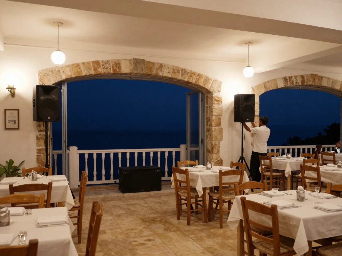 Interior of a Greek taverna set up for a wedding party with a small dance floor and speakers, staff member adjusting equipment.