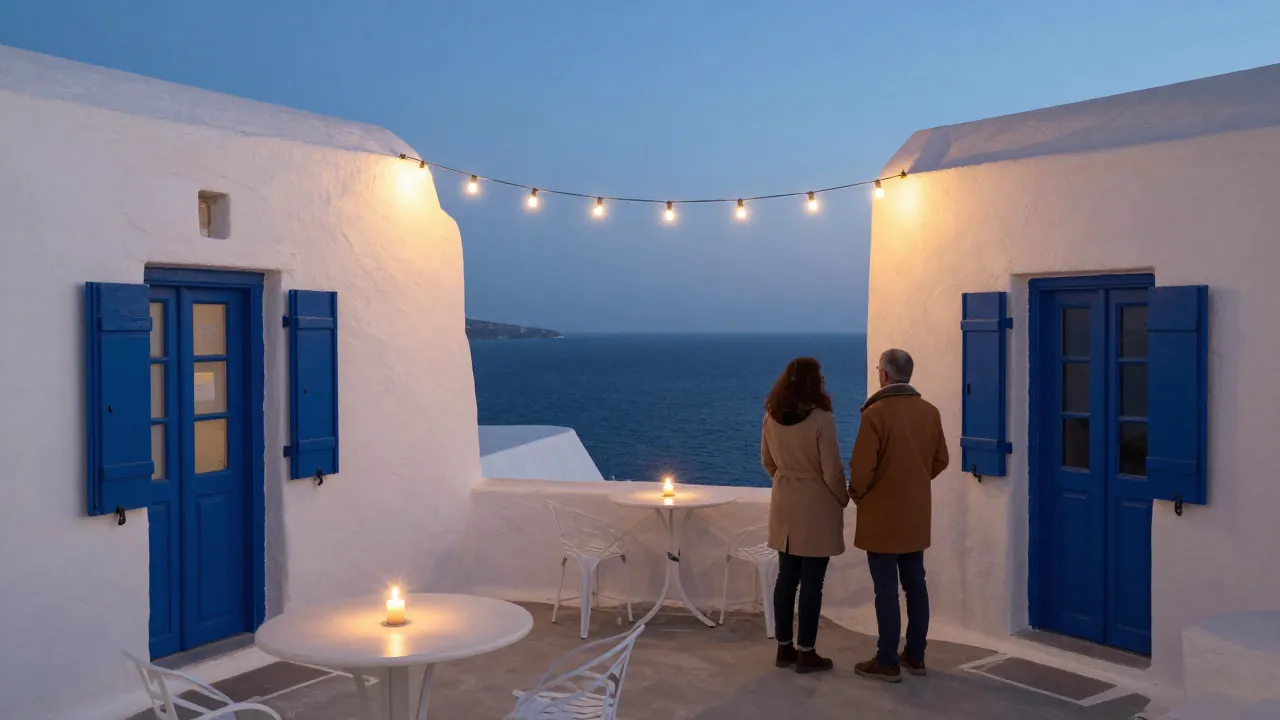 Cycladic rooftop terrace at dusk with candlelit tables and two people seen from behind looking at the sea.