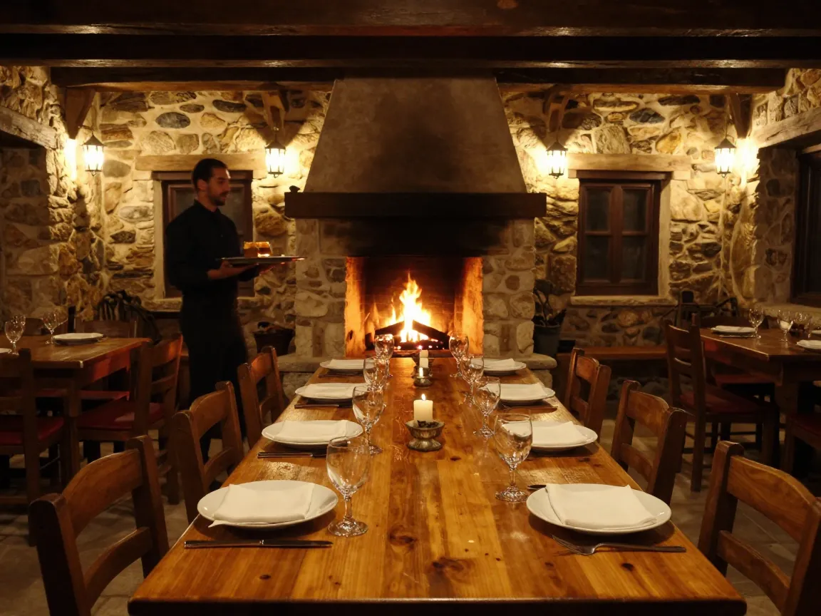 Stone taverna interior with a long table set for a private dinner and a blurred waiter in the background.