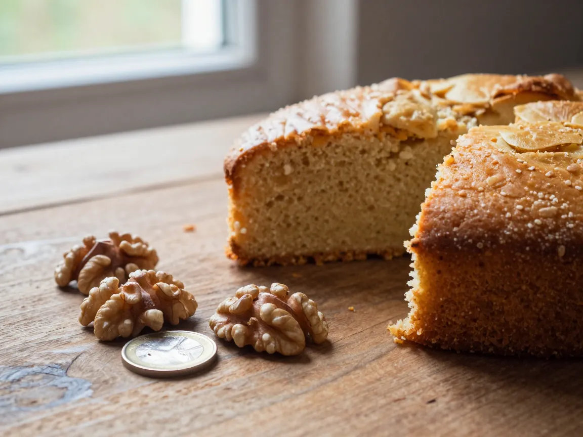 Golden vasilopita cake on a wooden table with a cut slice, walnuts and a foil-wrapped coin beside it.