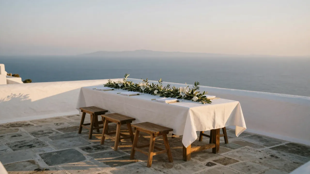 Whitewashed Cycladic terrace with a long table set for a wedding at golden hour, sea horizon behind.