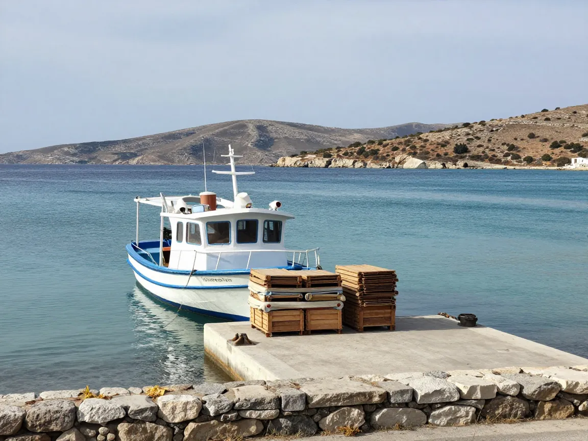 Small ferry dock in October with a white and blue boat moored beside a concrete pier.