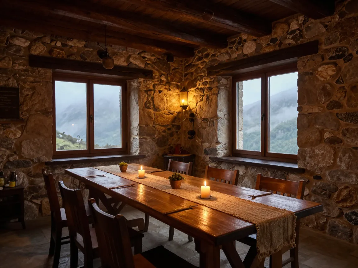 Stone-walled mountain guesthouse interior with a long table set for an event, misty mountain visible through window.