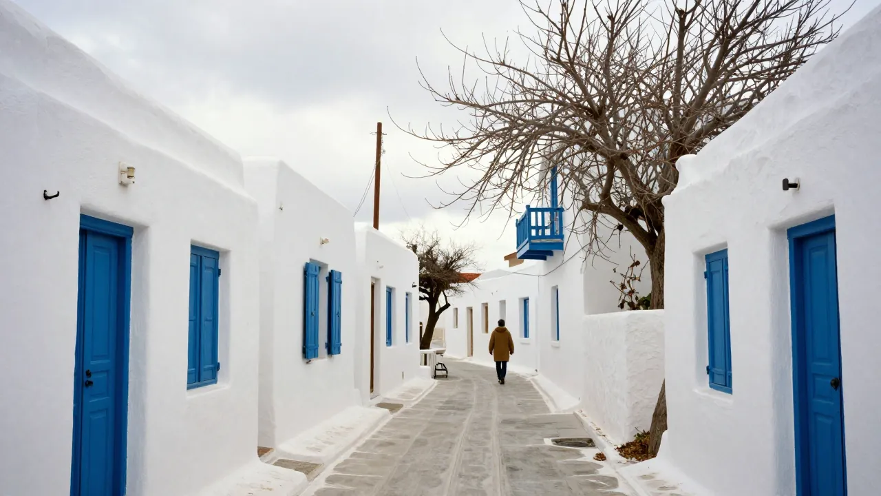 A quiet Cycladic alley in winter with closed shutters and bare branches under soft light.