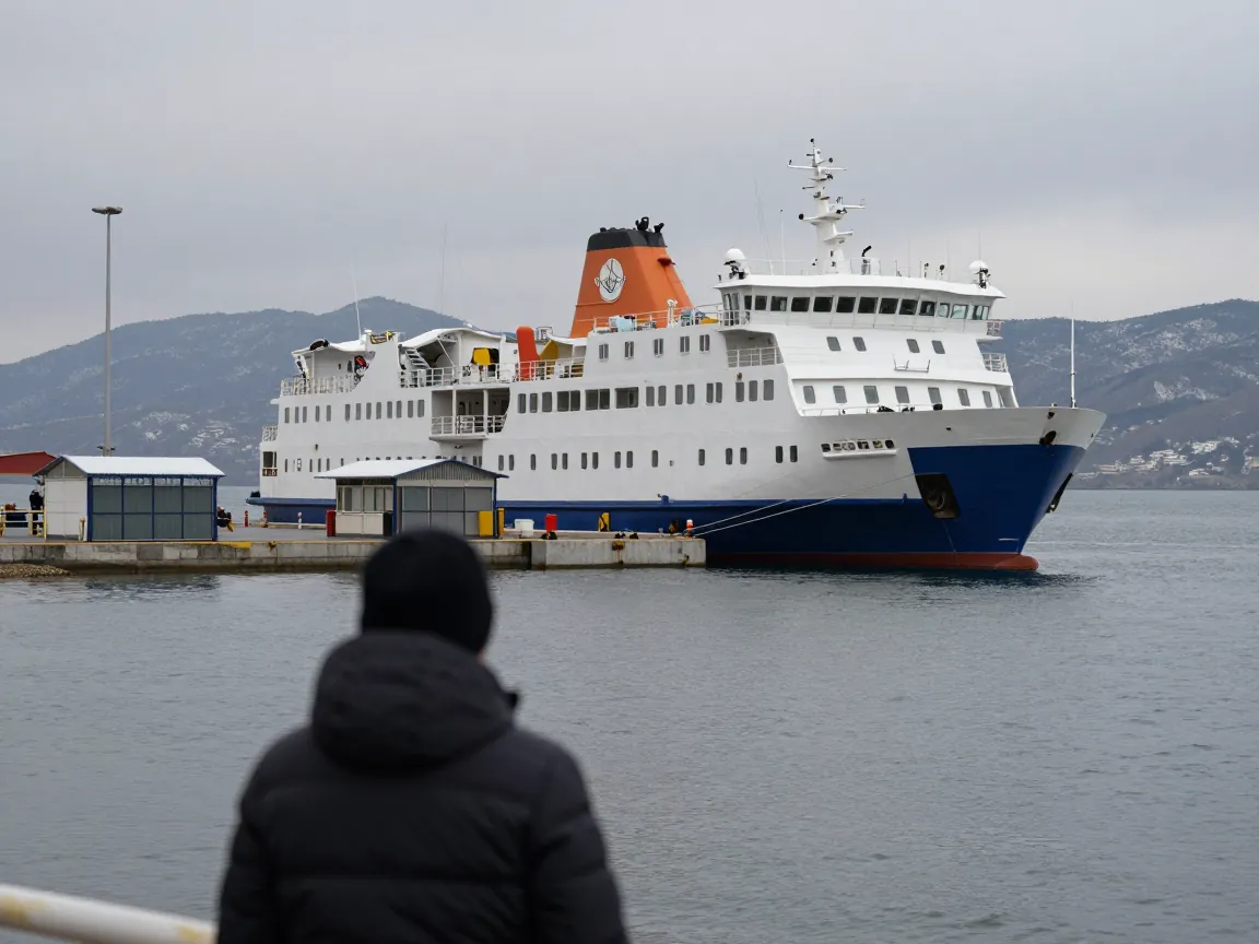 Μικρό ελληνικό λιμάνι τον χειμώνα με δεμένο πλοίο, ήρεμη θάλασσα και ένα άτομο να κοιτάζει προς αυτό.