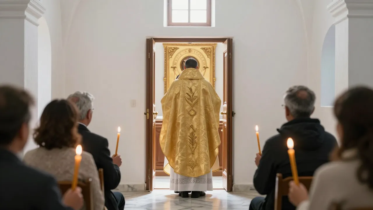 Interior of a whitewashed Greek Orthodox church with a priest at the iconostasis and guests holding candles in the foreground.