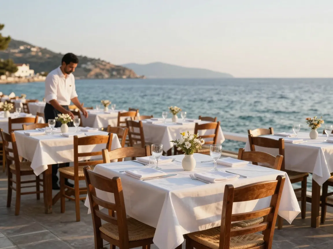 Seaside taverna terrace with long tables set for a reception, overlooking the sea in golden afternoon light.