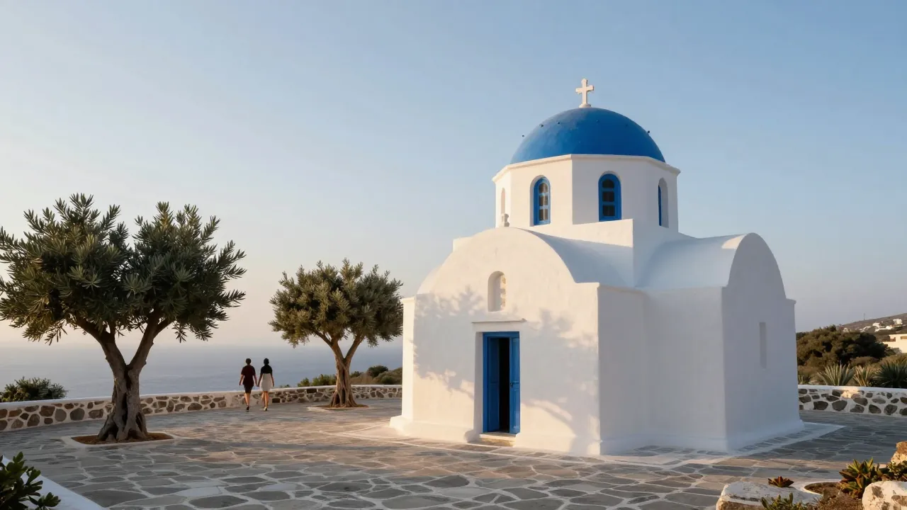 Whitewashed island chapel with blue dome at sunset, a couple walking away in the distance