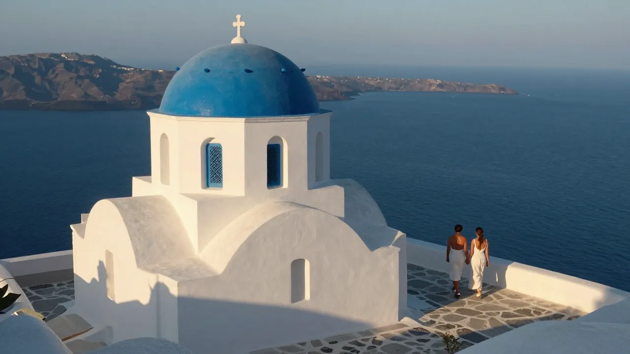 A white chapel with a blue dome by the sea at sunset, with a couple walking toward it.